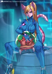 Size: 1414x2000 | Tagged: safe, artist:alanscampos, samus aran (metroid), alien, cat, feline, fictional species, mammal, metroid (species), anthro, metroid (series), nintendo, ambiguous gender, blonde hair, blue eyes, breasts, clothes, duo, eyebrows, eyelashes, female, fur, hair, hologram, long hair, looking at you, pink body, pink fur, ponytail, sitting, smiling, smiling at you, species swap, spread legs, zero suit