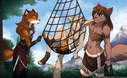 Size: 2032x1242 | Tagged: safe, artist:twokinds, keith (twokinds), laura (twokinds), natani (twokinds), basitin, canine, fictional species, keidran, mammal, anthro, digitigrade anthro, twokinds, 2021, 2d, brown body, brown fur, brown hair, clothes, detailed background, dress, ears, female, forest, fur, hair, jewelry, loincloth, male, mountain, necklace, orange body, orange fur, outdoors, paw pads, paws, prehistoric, tail, tan body, tan fur, tongue, trap (device), white body, white fur