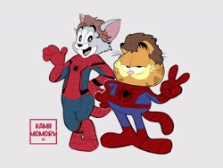Size: 2048x1536 | Tagged: safe, artist:kamii_momoru, garfield (garfield), spider-man (marvel), tom cat (tom and jerry), cat, feline, mammal, anthro, plantigrade anthro, semi-anthro, garfield (comic), spider-man (series), tom and jerry, clothes, costume, crossover, duo, duo male, gesture, lidded eyes, looking at you, male, males only, parody, smiling, v sign, waving