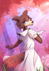 Size: 1600x2300 | Tagged: safe, artist:yakovlev-vad, juno (beastars), canine, mammal, wolf, anthro, digitigrade anthro, beastars, 2019, black nose, brown fur, cheek fluff, clothes, color porn, detailed background, digital art, dress, ears, eyelashes, female, fluff, forest, fur, kemono, looking at you, looking back, looking back at you, outdoors, plant, purple eyes, rear view, scenery, scenery porn, smiling, solo, solo female, tail, technical advanced, tree
