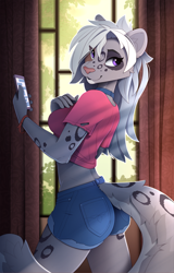 Size: 1500x2338 | Tagged: safe, artist:yakovlev, artist:yakovlev-vad, oc, oc only, oc:freckles, oc:freckles (nukepone), big cat, feline, mammal, snow leopard, anthro, 2020, blue eyes, bottomwear, breasts, butt, cell phone, choker, clothes, crop top, cropped shirt, daisy dukes, ears, female, hair, long hair, looking back, midriff, phone, shirt, short shorts, shorts, smartphone, smiling, solo, solo female, tail, thighs, topwear, white body