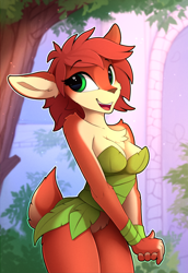 Size: 1560x2265 | Tagged: safe, artist:yakovlev-vad, elora (spyro), faun, fictional species, mammal, anthro, spyro the dragon (series), 2018, adorasexy, black nose, bracelet, breasts, chest fluff, cleavage, clothes, cute, detailed background, digital art, dress, ear fluff, ears, eyelashes, featureless crotch, female, fluff, forest, fur, green eyes, hair, jewelry, minidress, open mouth, orange fur, orange hair, outdoors, plant, pubic fluff, sexy, short tail, shoulder fluff, shoulderless, smiling, solo, solo female, strapless, tail, tail fluff, thighs, tongue, tree