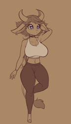 Size: 1378x2400 | Tagged: safe, artist:scorpdk, oc, oc only, bovid, mammal, anthro, unguligrade anthro, 2021, blue eyes, breasts, brown background, choker, clothes, cloven hooves, crop top, ears, eyebrow through hair, eyebrows, eyelashes, female, fur, hair, hooves, horns, midriff, pants, purple eyes, sepia, simple background, solo, solo female, tail, tail tuft, tank top, tight clothing, topwear, wristband, yoga pants