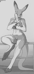 Size: 741x1607 | Tagged: safe, artist:lizet, oc, oc only, oc:audrey (lizet), kangaroo, mammal, marsupial, anthro, 2021, bottomwear, cell phone, clothes, digital art, ears, female, fur, grayscale, headphones, headwear, macropod, monochrome, outdoors, paws, phone, shorts, signature, smartphone, solo, solo female, tail, topwear, underpaw
