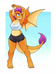 Size: 2700x3600 | Tagged: safe, artist:ambris, smolder (mlp), dragon, fictional species, western dragon, anthro, digitigrade anthro, friendship is magic, hasbro, my little pony, 2021, anthrofied, barefoot, belly button, blue eyes, bottomwear, breasts, clothes, commission, dragoness, eyebrows, eyelashes, fangs, female, high res, horns, midriff, orange scales, scales, sharp teeth, shorts, smiling, solo, solo female, stretching, tail, tank top, teeth, topwear, webbed wings, wings, yellow scales