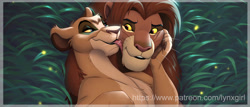 Size: 1280x549 | Tagged: safe, artist:lynxgirl, simba (the lion king), vitani (the lion king), arthropod, big cat, feline, firefly, insect, lion, mammal, feral, disney, the lion king, 2021, age difference, brown hair, colored sclera, cream body, cream fur, cropped, digital art, duo, female, feral/feral, fur, hair, licking, licking face, lioness, male, male/female, mane, paw on face, paw pads, paws, preview, shipping, smiling, tongue, tongue out, whiskers, yellow sclera