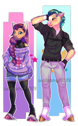 Size: 1080x1728 | Tagged: safe, artist:malinraf1615, hitch trailblazer (mlp), sunny starscout (mlp), earth pony, equine, fictional species, mammal, pony, anthro, unguligrade anthro, hasbro, my little pony, my little pony g5, spoiler:my little pony g5, 2021, anthrofied, clothes, duo, female, hooves, jeans, male, mare, pants, shirt, smiling, stallion, sweater, topwear, unshorn fetlocks