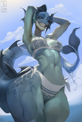 Size: 853x1280 | Tagged: safe, artist:german braga, oc, oc only, oc:xasaviko, fish, anthro, absolute cleavage, bedroom eyes, belly button, big breasts, big butt, bikini, breasts, butt, cleavage, clothes, female, fins, fish tail, grin, looking at you, partially submerged, sharp teeth, smiling, smiling at you, solo, solo female, swimsuit, tail, teeth, thick thighs, thighs, water, wet, wide hips