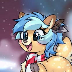 Size: 575x575 | Tagged: safe, artist:chimemaplewood, oc, oc:chime, cervid, deer, fictional species, mammal, blue hair, clothes, cute, deer pony, feather, greeting, hair, hooves, ocbetes, raised hoof, raised leg, scarf, snow, snowfall, striped scarf, winter