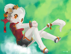 Size: 1024x768 | Tagged: safe, artist:tysontan, oc, oc:mudan, mammal, mouse, rodent, anthro, cc by-sa, creative commons, abstract background, bottomwear, bracelet, china, clothes, cloud, ear piercing, earring, female, fur, green background, jewelry, orange eyes, piercing, sandals, shirt, shoes, shorts, signature, simple background, t-shirt, topwear, white body, white fur