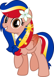 Size: 2052x2923 | Tagged: safe, artist:jhayarr23, oc, oc only, oc:pearl shine, equine, fictional species, mammal, pegasus, pony, hasbro, my little pony, eye through hair, female, flower, flower in hair, folded wings, hair, hair accessory, hair tie, high res, hooves, looking at you, mare, nation ponies, philippines, plant, ponified, raised hoof, raised leg, show accurate, simple background, smiling, solo, solo female, transparent background, wings