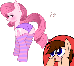 Size: 2864x2552 | Tagged: suggestive, artist:muhammad yunus, oc, oc only, oc:annisa trihapsari, oc:seb the pony, earth pony, equine, fictional species, mammal, pegasus, pony, feral, friendship is magic, hasbro, my little pony, bedroom eyes, blue eyes, blushing, brown hair, butt, clothes, female, feral/feral, hair, high res, looking at you, looking back, looking back at you, male, male/female, mane, mare, open mouth, panties, pink body, pink eyes, pink hair, remake, smiling, smiling at you, socks, stallion, tail, underwear, wrong color
