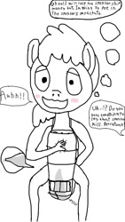 Size: 640x1136 | Tagged: artist needed, suggestive, berry punch (mlp), anthro, friendship is magic, hasbro, my little pony, desperation, female, monochrome, need to pee, omorashi, outdoors, parachute, pissing, solo, solo female, urine, urine meter, wetting