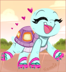 Size: 543x597 | Tagged: safe, artist:esmeia, bev gilturtle (lps), reptile, turtle, feral, hasbro, littlest pet shop, littlest pet shop: a world of our own, eyes closed, female, heart, open mouth, roller skates, smiling, solo, solo female