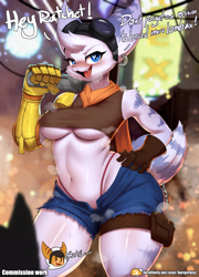 Size: 1500x2080 | Tagged: suggestive, artist:burgerkiss, ratchet (r&c), rivet (r&c), fictional species, lombax, mammal, anthro, ratchet & clank, 2021, belly button, black nose, bottomwear, breasts, clothes, commission, dialogue, digital art, duo, ears, eyelashes, female, fur, gloves, goggles, goggles on head, hair, hand on hip, male, male/female, musk, open mouth, panties, pink nose, prosthetic arm, prosthetics, shorts, speech bubble, tail, talking, tank top, text, thighs, tongue, topwear, underboob, underwear, wide hips, wrench