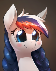 Size: 1118x1402 | Tagged: safe, artist:underpable, edit, editor:xbi, oc, oc only, oc:marussia, earth pony, equine, fictional species, mammal, pony, feral, hasbro, my little pony, 2019, blue eyes, blue hair, blushing, bust, eyelashes, female, fur, gradient background, hair, mare, multicolored hair, nation ponies, portrait, red hair, russia, smiling, solo, solo female, white body, white fur, white hair