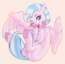 Size: 639x623 | Tagged: safe, artist:ginjallegra, silverstream (mlp), bird, equine, fictional species, hippogriff, mammal, feral, friendship is magic, hasbro, my little pony, 2021, beak, claws, cute, eyelashes, female, fur, happy, heart, heart eyes, hooves, looking at you, one eye closed, open beak, open mouth, open smile, pink body, pink fur, simple background, smiling, smiling at you, solo, solo female, underhoof, wingding eyes