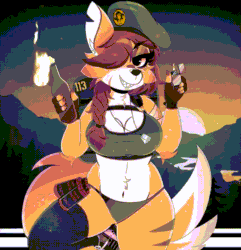 Size: 866x900 | Tagged: safe, artist:wirelessshiba, oc, oc only, canine, fox, mammal, anthro, 2021, 2d, 2d animation, animated, belly button, beret, braid, breasts, chest fluff, cleavage, clothes, dipstick tail, dog tag, ears, eyebrow through hair, eyebrows, eyelashes, female, fingerless gloves, fire, fluff, fur, gif, gloves, grin, hair, hat, headwear, legwear, looking at you, molotov cocktail, motion tweening, panties, sharp teeth, shoes, shoulder fluff, solo, solo female, tail, tank top, teeth, thigh highs, topwear, torn ear, underwear, vixen