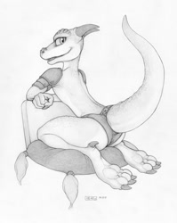 Size: 1019x1280 | Tagged: suggestive, artist:ecmajor, fictional species, kobold, reptile, anthro, 2017, ambiguous gender, clothes, grayscale, horns, kneeling, looking at you, looking back, looking back at you, monochrome, panties, paws, pillow, scales, signature, simple background, solo, tail, traditional art, underpaw, underwear, white background