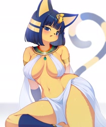 Size: 1720x2048 | Tagged: safe, artist:binglebingle7, ankha (animal crossing), cat, feline, mammal, anthro, animal crossing, nintendo, 2021, absolute cleavage, belly button, big breasts, blue hair, breasts, cleavage, clothes, ears, female, hair, looking at you, midriff, solo, solo female, tail, thick thighs, thighs