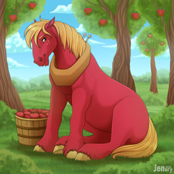Size: 1280x1280 | Tagged: safe, artist:jenery, big macintosh (mlp), earth pony, equine, fictional species, mammal, pony, feral, friendship is magic, hasbro, my little pony, 2021, apple, apple tree, blank flank, bucket, food, freckles, fruit, fur, grass, green eyes, hair, hoers, hooves, horse collar, looking at you, male, mane, outdoors, plant, red body, red fur, scenery, signature, sitting, smiling, solo, solo male, stallion, tree, ungulate, unshorn fetlocks, yellow hair