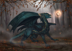 Size: 1280x909 | Tagged: safe, artist:almatea, dragon, fictional species, western dragon, feral, 2021, ambiguous gender, autumn, fog, gold body, green body, green eyes, leaf, light, open mouth, outdoors, plant, scenery, solo, solo ambiguous, standing, tail, tree, webbed wings, wings