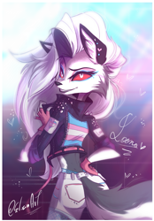 Size: 1083x1552 | Tagged: safe, artist:siliciaart, loona (vivzmind), canine, fictional species, hellhound, mammal, anthro, hazbin hotel, helluva boss, 2020, big tail, black body, black fur, black nose, bottomwear, clothes, colored sclera, commission, cropped jacket, ear fluff, ears, eyebrows, eyelashes, female, fingerless gloves, flag, fluff, fur, gloves, hair, hand on hip, jacket, long hair, looking at you, looking back, looking back at you, makeup, mtf transgender, multicolored fur, pants, pride flag, red sclera, smiling, smiling at you, solo, solo female, solo mtf transgender, tail, topwear, transgender, transgender pride flag, two toned body, two toned fur, white body, white eyes, white fur, white hair