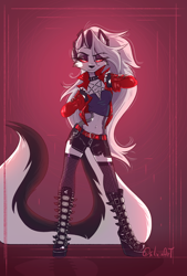 Size: 1620x2390 | Tagged: safe, artist:siliciaart, loona (vivzmind), canine, fictional species, hellhound, mammal, anthro, plantigrade anthro, hazbin hotel, helluva boss, 2020, abstract background, belly button, belt, boots, bottomwear, breasts, chest fluff, clothes, collar, colored sclera, crop top, ear fluff, ears, eyebrow through hair, eyebrows, female, fingerless gloves, fishnet, fishnet stockings, fluff, fluffy, fluffy tail, front view, gloves, gradient background, gray eyes, gray fur, gray hair, grey fur, grey hair, hair, hold-ups, jacket, legwear, lidded eyes, long hair, long tail, looking at you, midriff, navel, pants, phone, red sclera, short shorts, shorts, signature, solo, solo female, spiked collar, standing, stockings, tail, topwear, white eyes, white fur