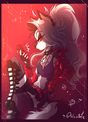 Size: 1408x1956 | Tagged: safe, artist:siliciaart, loona (vivzmind), canine, fictional species, hellhound, mammal, anthro, plantigrade anthro, hazbin hotel, helluva boss, 2020, abstract background, belly button, belt, bones, boots, breasts, cell phone, claws, clothes, collar, colored sclera, crop top, ear piercing, earring, ears, eye through hair, eyebrow through hair, eyebrows, female, fishnet, fishnet stockings, fluff, fluffy, fluffy tail, fur, gray eyes, gray fur, gray hair, hair, jacket, leaning back, leather jacket, legwear, long hair, looking at something, midriff, phone, piercing, red sclera, see-through, side view, signature, sitting, skull, smartphone, solo, solo female, spiked collar, spikes, stockings, tail, tail fluff, three-quarter view, topwear, white eyes, white fur