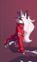 Size: 978x1622 | Tagged: safe, artist:siliciaart, loona (vivzmind), canine, fictional species, hellhound, mammal, anthro, hazbin hotel, helluva boss, 2019, 2020, abstract background, belt, bottomwear, breasts, clothes, ear piercing, earring, ears, eye through hair, eyebrow through hair, eyebrows, female, fingerless gloves, fishnet, fishnet stockings, fluff, fur, gloves, gradient background, gray fur, gray hair, hair, jacket, legwear, long hair, long tail, looking at you, looking back, looking back at you, piercing, red sclera, shorts, simple background, sitting, slit pupils, solo, solo female, spikes, stockings, tail, three-quarter view, topwear, white eyes, white fur
