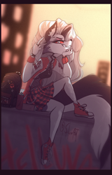 Size: 2052x3200 | Tagged: safe, artist:siliciaart, loona (vivzmind), canine, fictional species, hellhound, mammal, anthro, hazbin hotel, helluva boss, 2020, border, bottomwear, breasts, chucks, clothes, colored sclera, ear piercing, ears, female, fur, gray body, gray fur, hair, high res, long hair, middle finger, pentagram, piercing, red sclera, shoes, skirt, solo, solo female, spray can, tail, vulgar, white hair