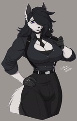 Size: 1600x2512 | Tagged: safe, artist:wmdiscovery93, oc, oc:gwen (wmdiscovery93), canine, mammal, wolf, anthro, big breasts, boob window, breasts, clothes, crotch bulge, intersex, intersex female, muscular intersex female, necktie, solo, solo intersex female