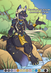 Size: 704x1000 | Tagged: safe, oc, oc only, canine, fictional species, mammal, werewolf, wolf, anthro, digitigrade anthro, 2021, absolute cleavage, adoptable, artwork, belly button, black body, black fur, blonde hair, breasts, cleavage, clothes, digital art, ears, fantasy, fantasy art, female, fur, hair, illustration, jewelry, kemono, loincloth, midriff, outdoors, plant, signature, solo, solo female, timber wolf, tree, water