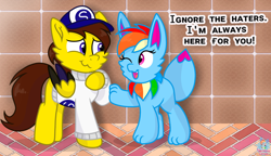 Size: 1842x1062 | Tagged: safe, artist:rainbow eevee, rainbow dash (mlp), oc, oc only, oc:ponyseb, oc:rainbow eevee, eevee, eeveelution, equine, fictional species, hybrid, mammal, pegasus, pokémon pony, pony, feral, friendship is magic, hasbro, my little pony, nintendo, pokémon, 2019, best friends, brick, clothes, colored wings, cute, dialogue, duo, duo male and female, female, hat, headwear, implied shipping, inspiration, male, male/female, mare, one eye closed, pokéfied, snapback, species swap, stallion, sweater, talking, text, tile, tiled background, topwear, wings