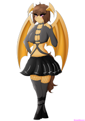 Size: 2480x3507 | Tagged: safe, artist:drawalaverr, oc, oc only, oc:midnight cakepowder, bat pony, equine, fictional species, mammal, pony, anthro, unguligrade anthro, cc by-nc, creative commons, friendship is magic, hasbro, my little pony, 2021, absolute cleavage, bat wings, bottomwear, breasts, brown hair, brown mane, cleavage, clothes, commission, eyelashes, eyeshadow, female, fishnet, fishnet clothing, fishnet stockings, hair, high heels, high res, hooves, legwear, looking at you, makeup, mane, mare, midriff, see-through, shoes, skirt, smiling, smiling at you, socks, solo, solo female, stockings, vector, webbed wings, wings, yellow body