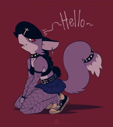 Size: 2474x2783 | Tagged: safe, artist:fox-popvli, oc, oc:patty (fox-popvli), canine, fox, mammal, anthro, clothes, converse, crop top, cute, cute little fangs, fangs, female, goth, high res, kneeling, looking at you, skate shoes, smiling, smiling at you, solo, solo female, teeth, topwear, vixen