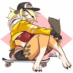 Size: 2048x2048 | Tagged: safe, artist:capaoculta, oc, oc only, oc:alma (capaoculta), cheetah, feline, mammal, anthro, 2021, 3 toes, big breasts, black claws, blonde hair, bottomwear, breasts, claws, clothes, ears, female, food, hair, high res, looking at you, pizza, red bra, red underwear, shirt lift, short shorts, shorts, skateboard, smiling, smiling at you, solo, solo female, tail, thick thighs, thighs, toe claws, toes