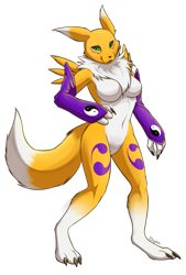 Size: 1219x1800 | Tagged: safe, artist:eternityzinogre, fictional species, renamon, anthro, digimon, 2015, breasts, commission, ears, featureless breasts, featureless crotch, female, looking at you, smiling, smiling at you, solo, solo female, tail, thighs
