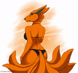 Size: 2400x2243 | Tagged: safe, artist:eternityzinogre, kurama (naruto), canine, fictional species, fox, kitsune, mammal, anthro, naruto (series), 2013, anthrofied, breasts, butt, clothes, ears, female, high res, looking at you, looking back, looking back at you, multiple tails, nine tails, solo, solo female, tail, thighs, underwear, vixen
