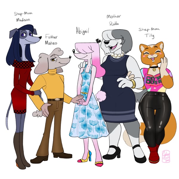 128474 - safe, artist:cyberelladraws, oc, oc:abigail poodle, afghan hound,  canine, cat, dog, feline, mammal, poodle, anthro, big breasts, breasts, eyes  closed, family, female, group, hair, hair over eyes, high res, laughing,  looking