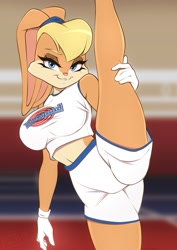 Size: 919x1300 | Tagged: suggestive, artist:_dannyckoo, artist:ladnelsiya, collaboration, lola bunny (looney tunes), lagomorph, mammal, rabbit, anthro, looney tunes, space jam, warner brothers, 2020, big breasts, blonde hair, breasts, clothes, flexible, flexing, hair, long ears, looking at you, smiling, smiling at you, thick thighs, thighs