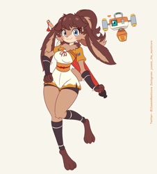 Size: 1304x1440 | Tagged: safe, artist:jasminthemanticore, lop (star wars: visions), fictional species, lagomorph, mammal, rabbit, robot, anthro, star wars, star wars: visions, breasts, brown hair, clothes, duo, female, hair, long ears, looking at you, ocho (star wars: visions), short tail, smiling, smiling at you, tail, thighs
