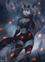 Size: 789x1091 | Tagged: safe, artist:ashrin, loona (vivzmind), canine, fictional species, hellhound, mammal, anthro, hazbin hotel, helluva boss, 2019, belly button, blood, bottomwear, breasts, cheek fluff, claws, clothes, colored pupils, colored sclera, crop top, ears, ember, embers, female, fingerless gloves, fluff, fluffy, fluffy tail, front view, fur, gloves, glowing, glowing eyes, gray eyes, gray fur, gray hair, hair, legwear, licking, long hair, long tail, looking at you, midriff, piercing, red sclera, shorts, signature, smiling, smiling at you, solo, solo female, standing, stockings, tail, tail fluff, thigh highs, thighs, three-quarter view, tongue, tongue out, topwear, white eyes, white fur, white pupils