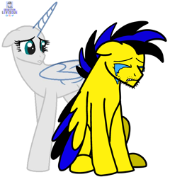 Size: 1810x1888 | Tagged: safe, artist:mrstheartist, oc, oc only, oc:ponyseb 2.0, alicorn, equine, fictional species, mammal, pegasus, pony, feral, friendship is magic, hasbro, my little pony, 2021, black outline, bright colors, crying, depression, female, male, male/female, mare, sitting, stallion, tears