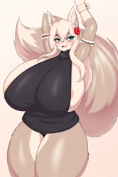 Size: 852x1280 | Tagged: suggestive, artist:tailz_kim, oc, oc only, canine, fox, mammal, anthro, 2021, arm in air, armpits, bedroom eyes, belly button, black nose, blushing, breasts, cameltoe, clothes, commission, digital art, ears, eyelashes, female, fur, hair, huge breasts, nipple slip, open mouth, pose, simple background, solo, solo female, sweater, tail, thighs, tongue, topwear, vixen, wardrobe malfunction, wide hips