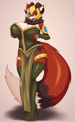 Size: 788x1280 | Tagged: safe, artist:tailz_kim, oc, oc only, canine, fox, hybrid, mammal, anthro, digitigrade anthro, 2021, bedroom eyes, belly button, big breasts, black nose, blushing, boots, breasts, clothes, commission, digital art, ears, eyelashes, female, fluff, fur, hair, horn, loincloth, looking at you, neck fluff, pose, shoes, simple background, solo, solo female, tail, thighs, vixen, wide hips