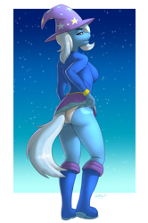 Size: 1324x2000 | Tagged: suggestive, artist:skipsy, trixie (mlp), equine, fictional species, mammal, pony, unicorn, anthro, friendship is magic, hasbro, my little pony, 2019, anthrofied, bedroom eyes, blue body, boots, bottomwear, breasts, butt, clothes, commission, cutie mark, digital art, ears, eyelashes, female, fur, hair, hat, headwear, high heel boots, high heels, looking back, mane, mare, panties, rear view, shirt, shoes, sideboob, signature, simple background, skirt, skirt lift, solo, solo female, tail, thighs, topwear, underwear, white hair, white mane, white tail, wide hips
