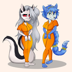 Size: 1024x1024 | Tagged: safe, artist:percibey, krystal (star fox), loona (vivzmind), canine, fictional species, fox, hellhound, mammal, anthro, plantigrade anthro, hazbin hotel, helluva boss, nintendo, star fox, 2021, clothes, cuffed, cuffs, duo, duo female, female, females only, frowning, grumpy, handcuffed, handcuffs, prison outfit, prisoner, smiling, tail