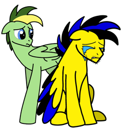 Size: 1810x1888 | Tagged: safe, artist:didgereethebrony, artist:mrstheartist, collaboration, oc, oc only, oc:didgeree, oc:ponyseb 2.0, equine, fictional species, mammal, pegasus, pony, feral, friendship is magic, hasbro, my little pony, 2021, base used, black outline, bright colors, crying, feels, floppy ears, sad, sitting, tears