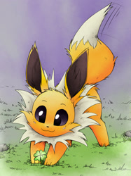 Size: 955x1280 | Tagged: safe, artist:otakuap, eeveelution, fictional species, hybrid, jolteon, mammal, feral, series:eevee types of eeveelutions, nintendo, pokémon, 2021, 2d, ambiguous gender, behaving like a dog, black nose, clover, cute, digital art, ears, fluff, fur, grass, neck fluff, paws, smiling, solo, solo ambiguous, tail, tail wag
